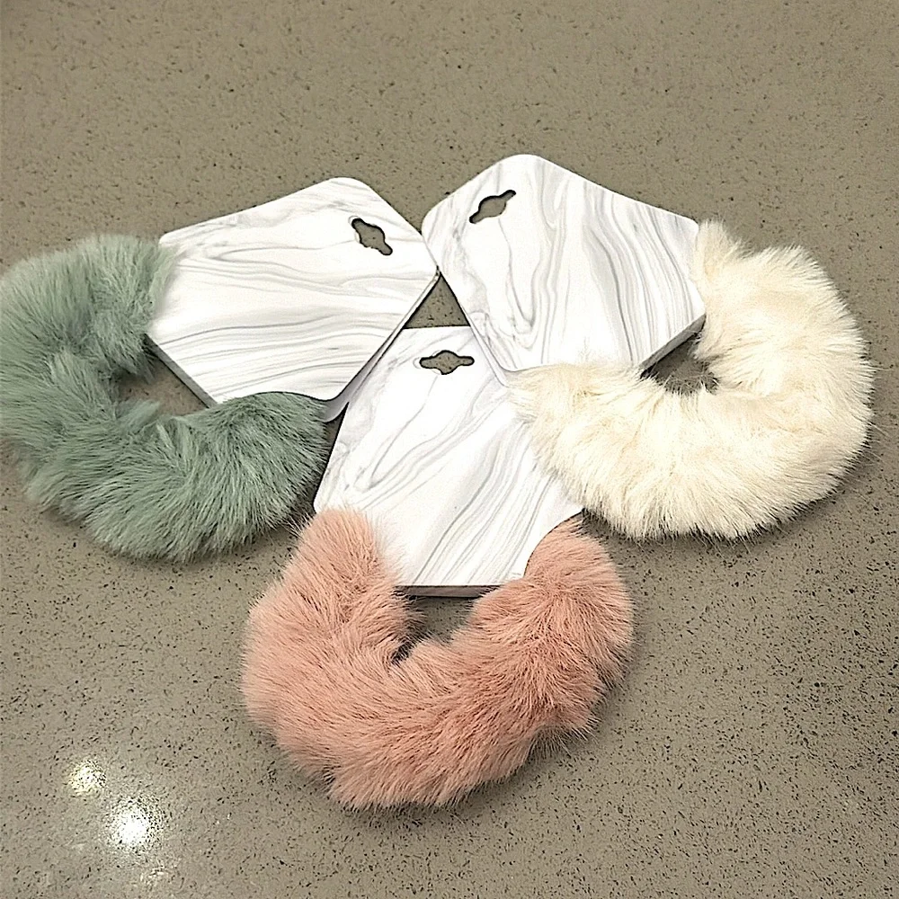 NEW Assorted 3 fuzzy Pom-Pom hair scrunchies Green, Pink & white TRIO - Picture 1 of 2